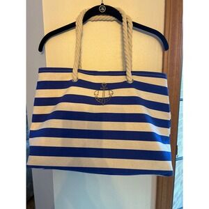 Avon Nautical Canvas Tote Bag Blue White Striped Anchor Beach Bag Rope Handles